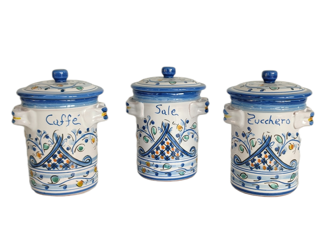 Barattolo porta-zucchero blu in Ceramica di Caltagirone dipinta a mano