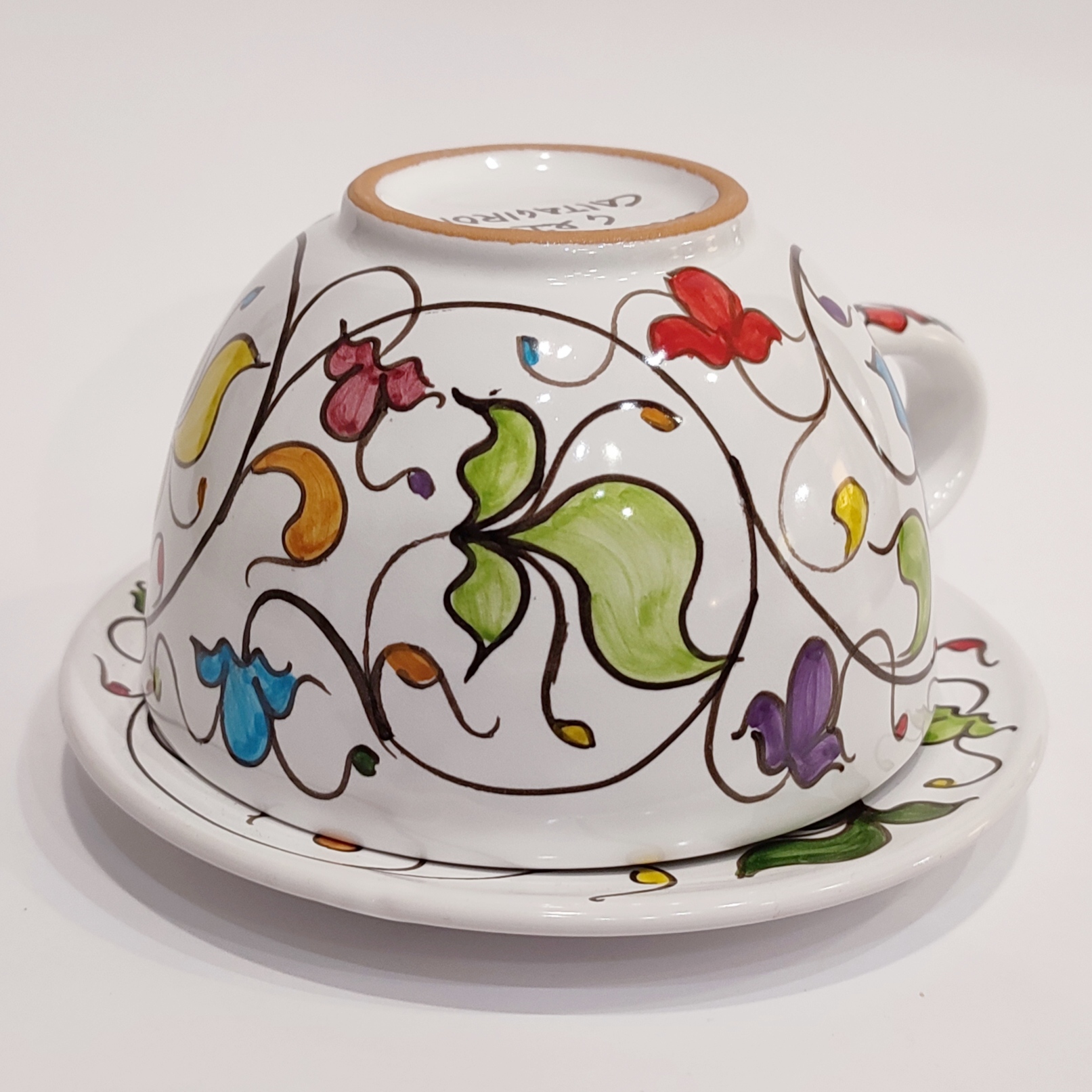 Tazza da latte con manico, in ceramica Caltagirone, L 10 cm ca. (1pz)  decoro frutta e barocco multicolore casuale