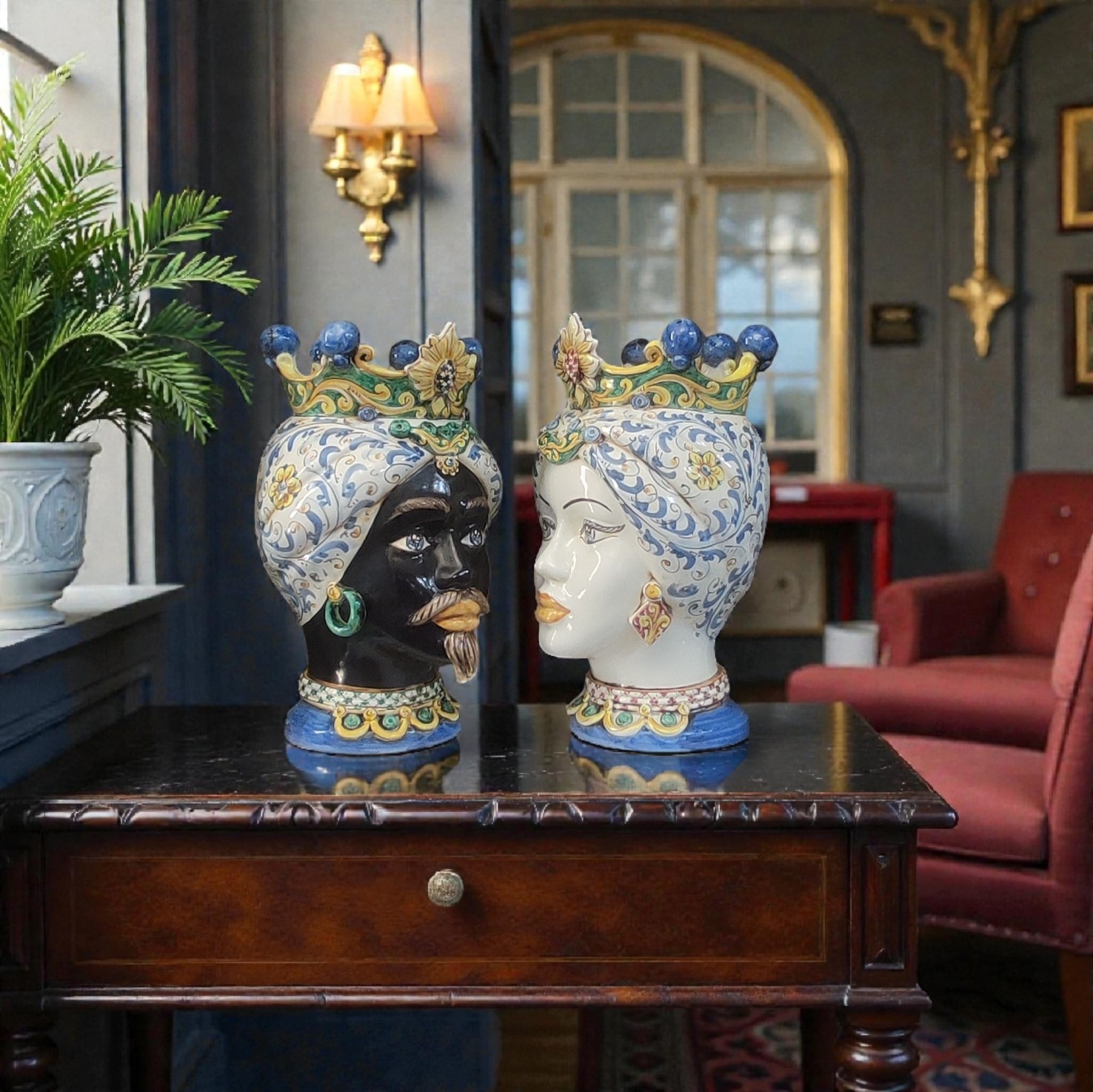 Coppia Teste Di Moro Arabo In Ceramica Di Caltagirone Ambiente Antico Coppia Teste di Moro arabo in Ceramica di Caltagirone ambiente antico